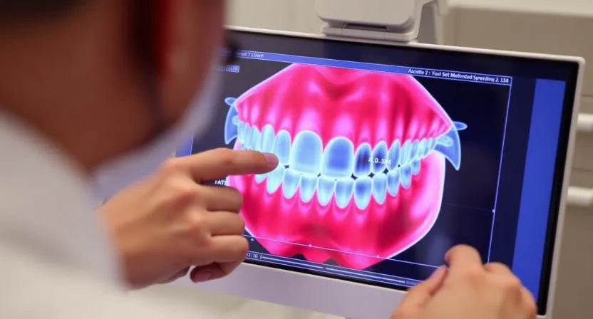 Dentist reviewing digital scan showing orthodontic issues clear aligners can’t fix