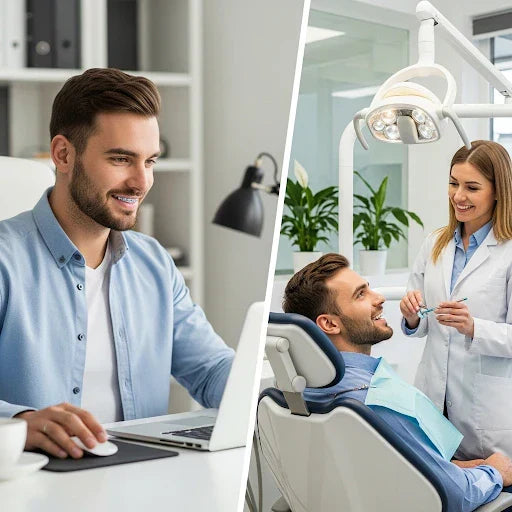 Split lifestyle image: professional at desk wearing aligner vs visiting a dental office.