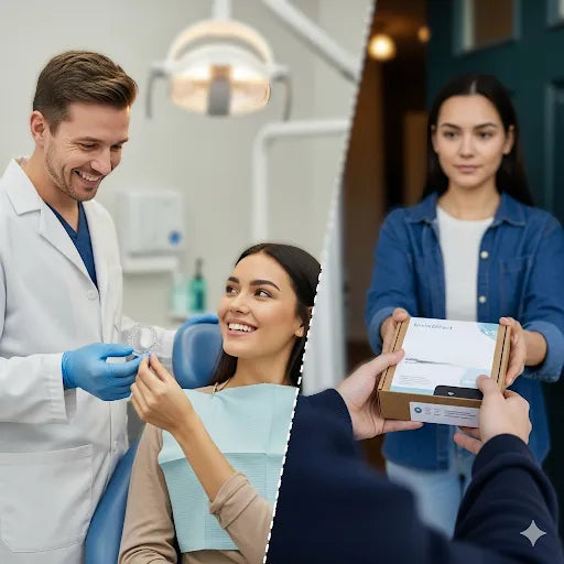 Split-screen: dentist handing a retainer vs an online kit arriving at home.