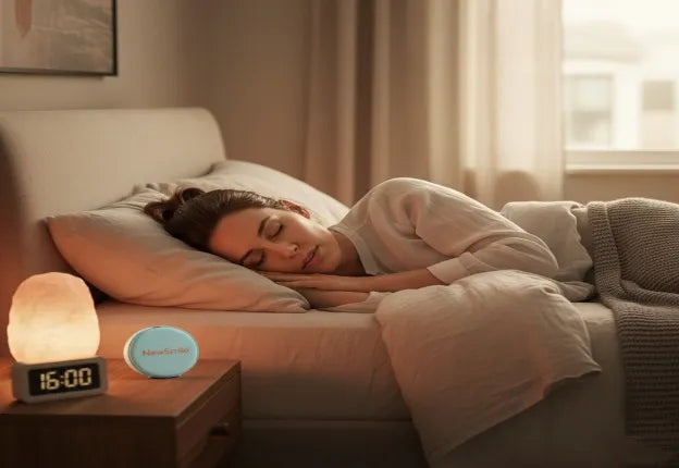 A calm bedroom scene with soft lighting — Alt: “Peaceful sleep after using a night guard for teeth grinding relief”