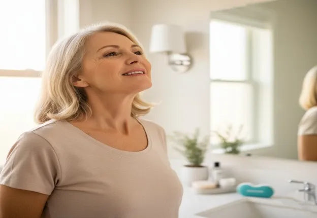 A close-up of a mature woman or man smiling softly in morning light, stretching the jaw slightly as if relieved from stiffness — bedside or bathroom mirror setting.