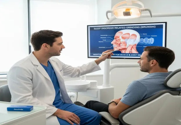 Dentist discussing night guard for sleep disorder-related grinding