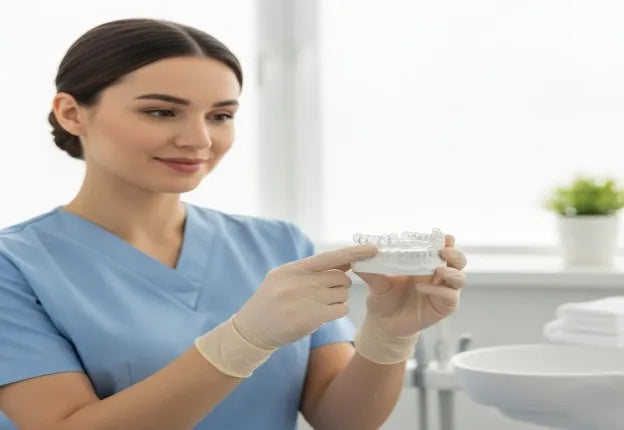 Dentist showing a custom clear night guard on a dental model, gentle daylight background.