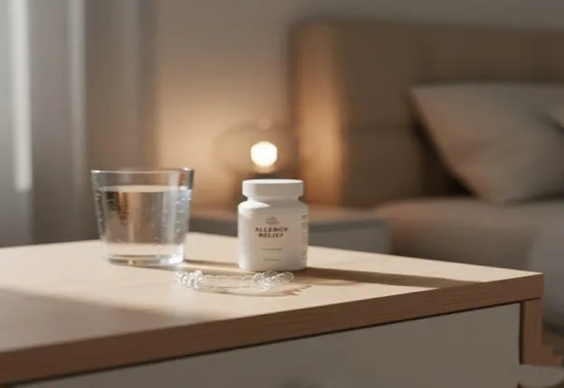 Soft-focus flat lay of allergy medicine, glass of water, and clear night guard on a bedside table.