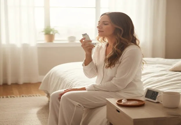 Woman sitting by her bed with an inhaler and clear night guard on the table, soft morning light.