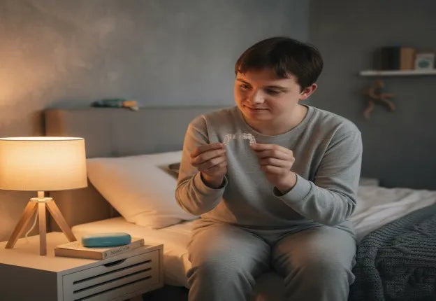 Calm bedtime environment, young adult with autism placing a clear night guard beside soft sensory objects.