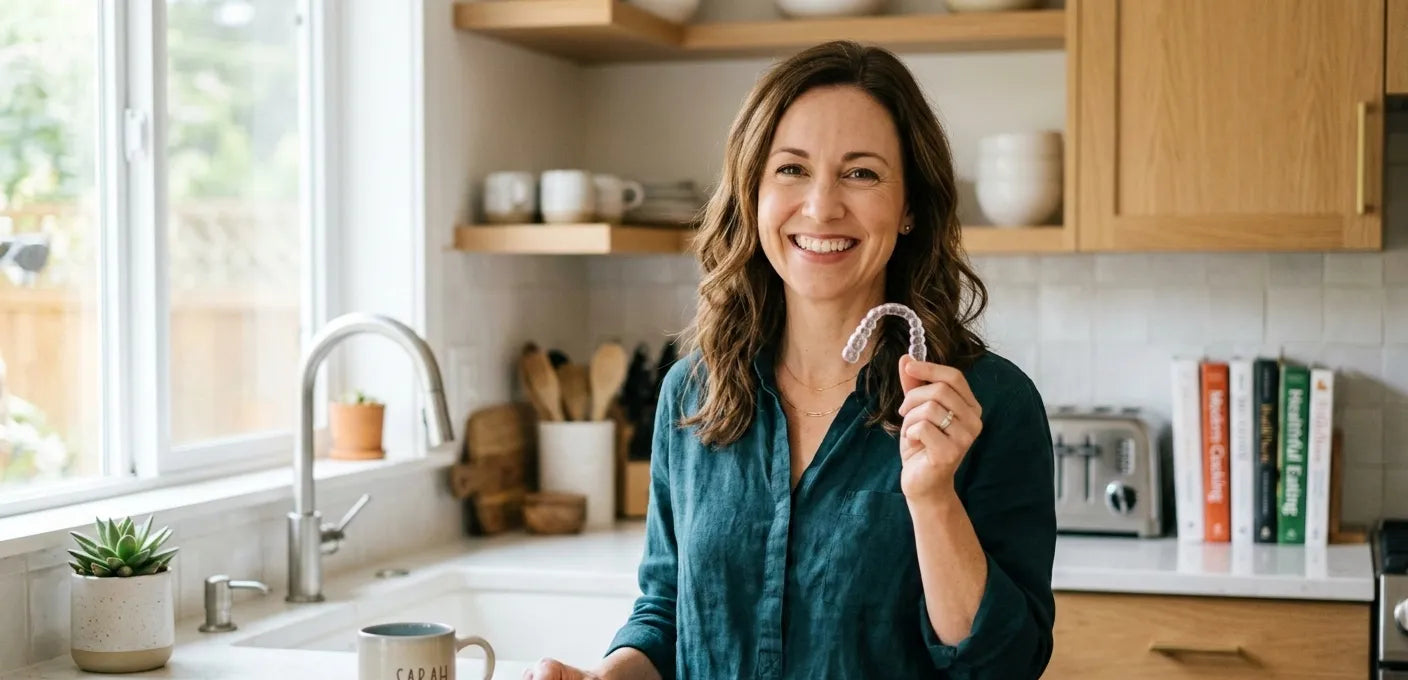 Busy adult holding a NewSmile clear retainer at home, showcasing convenience and low-maintenance orthodontic care.