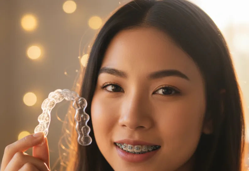 A dental close-up showing braces with a transparent overlay illustration of how a night guard fits on top — educational and modern aesthetic.