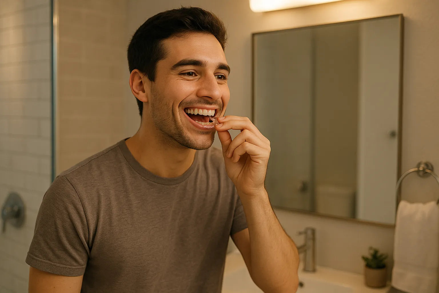 Man changing clear aligner trays in front of mirror